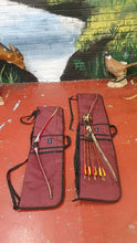 Load image into Gallery viewer, Midwater Bow Bag lay on the floor with bows laid on top for size comparison